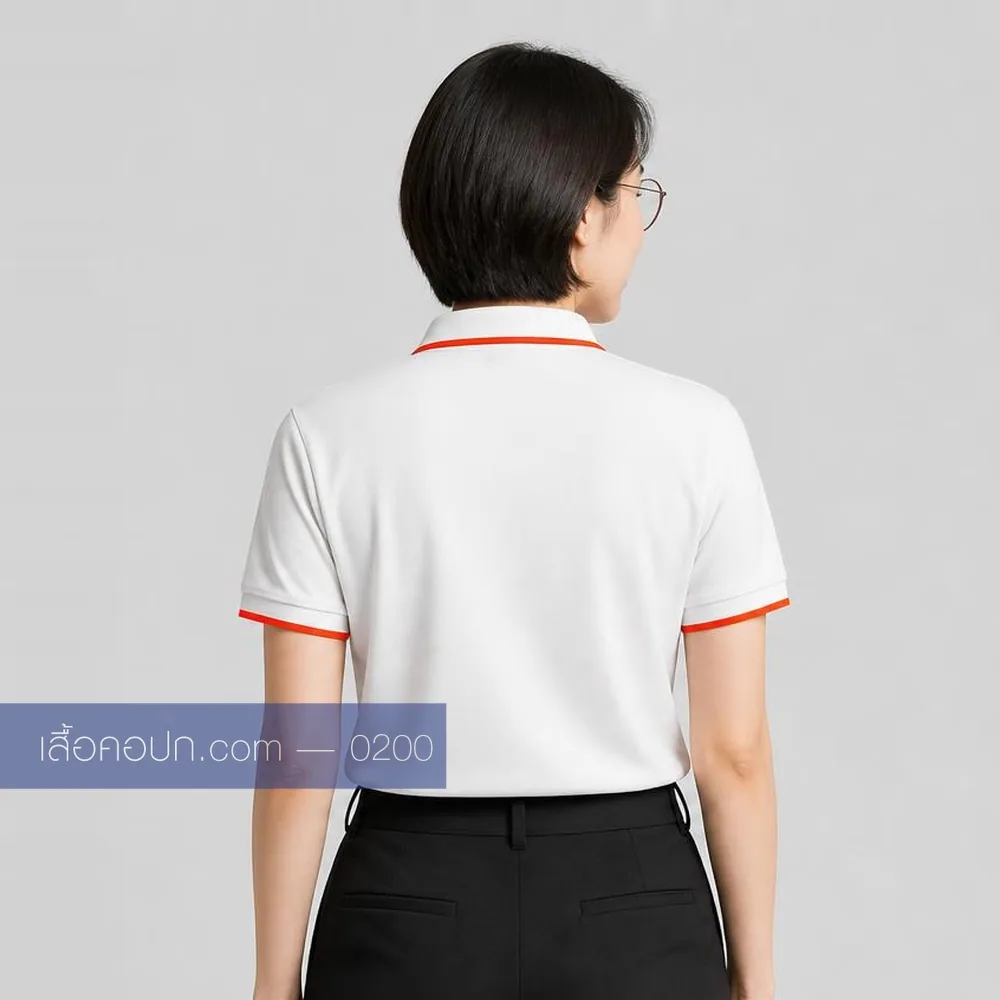 เสื้อโปโลขาว ปกคาดส้มแดง ด้านหลัง