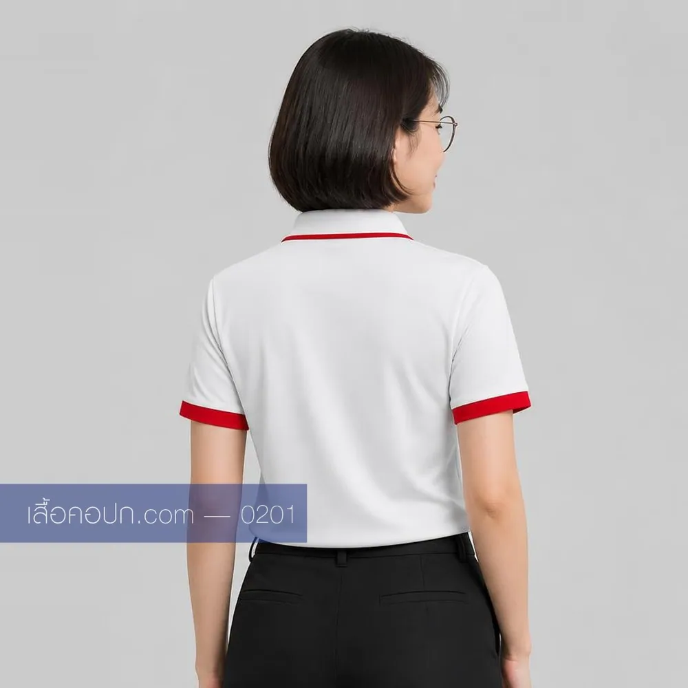 เสื้อโปโลขาว ปกแดง ปลายแขนแดง ด้านหลัง