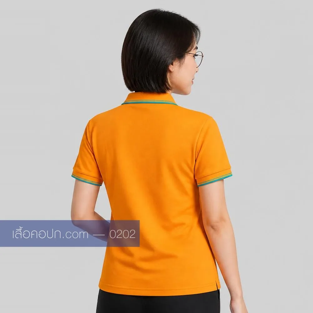 เสื้อโปโลส้มทอง ปกขลิบเขียว ด้านหลัง
