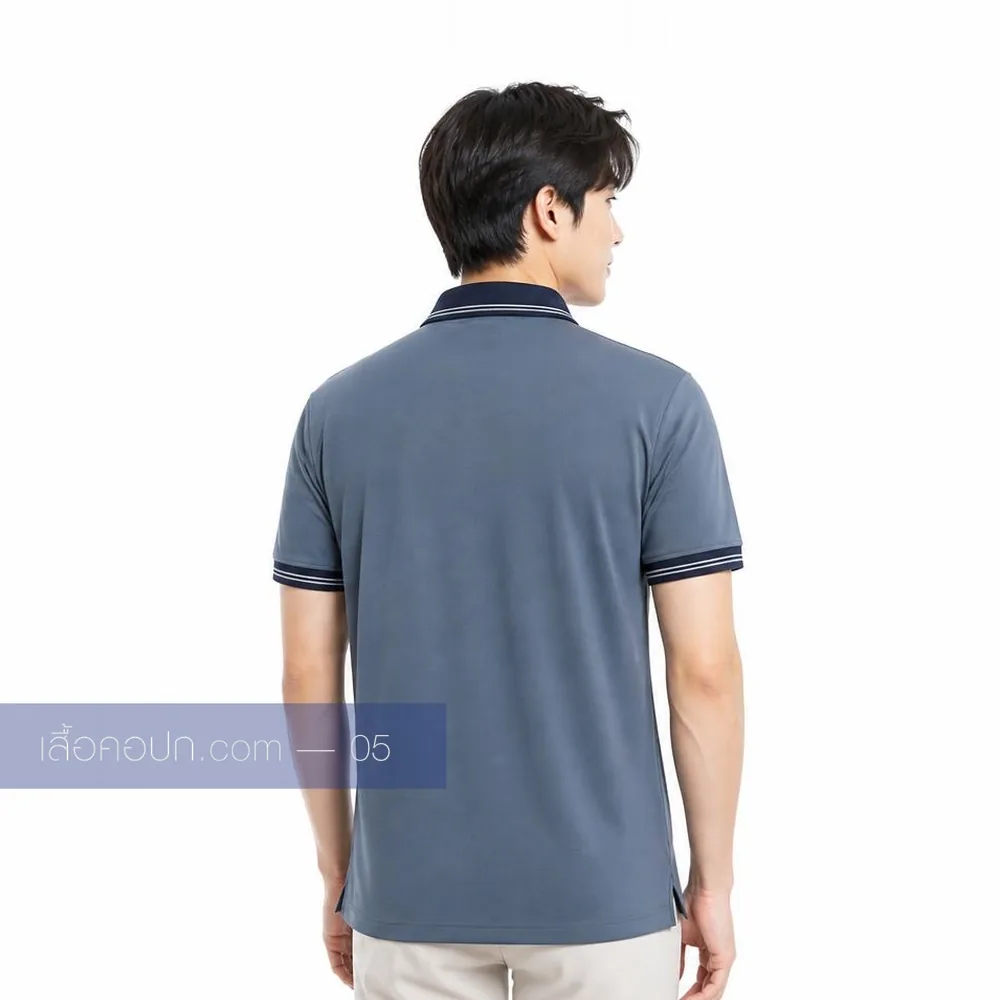 เสื้อโปโลสีน้ำเงินเทา ปกกรมท่า ด้านหลัง