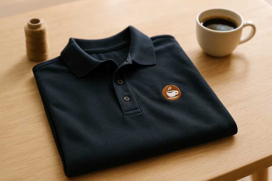เสื้อโปโลสีกรมท่าปักโลโก้ร้านกาแฟขนาดเล็กที่อกด้านซ้าย วางอยู่บนโต๊ะไม้