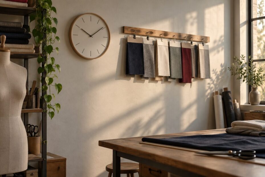 มุมห้องตัดเย็บเสื้อโปโล มีนาฬิกาแขวนผนังและราวแขวนตัวอย่างผ้าหลายสี แสงบ่ายส่องผ่านหน้าต่าง