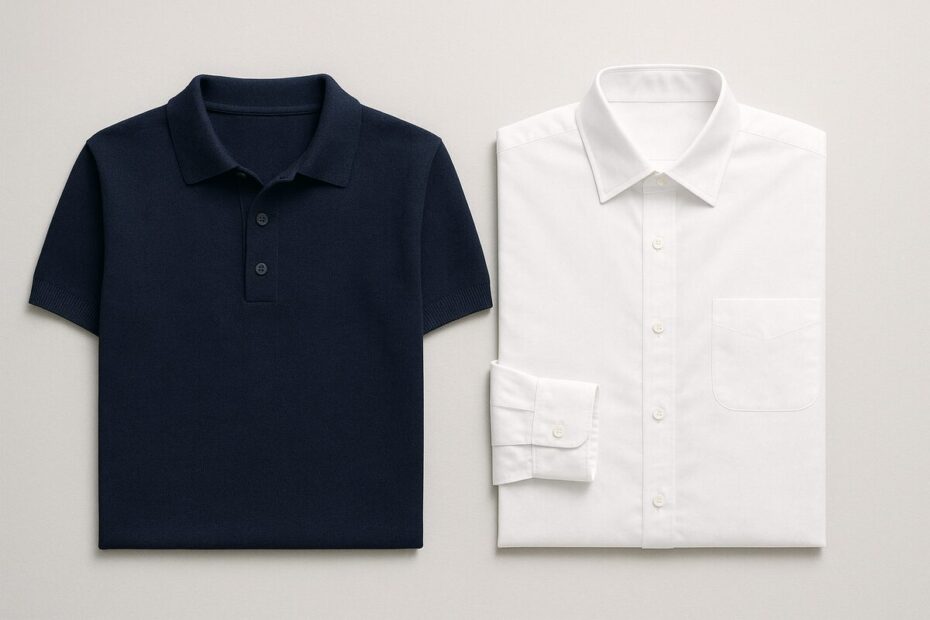 เสื้อโปโลสีกรมวางคู่กับเสื้อเชิ้ตสีขาว เทียบให้เห็นความต่างของปกและสาบ
