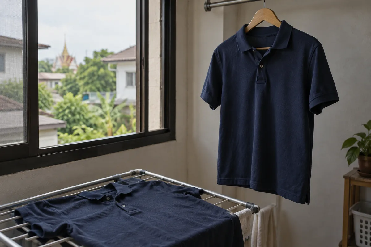 เสื้อโปโลสีกรมท่าแขวนบนไม้แขวนไหล่กว้างริมหน้าต่าง และอีกตัวหนึ่งวางตากราบบนราวตากสแตนเลสด้านล่าง
