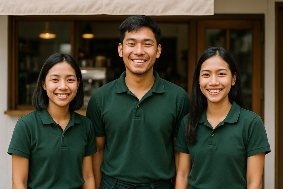พนักงานร้านค้าขนาดเล็กสามคนใส่เสื้อยืดคอปกสีเขียวเข้มเหมือนกัน ยืนหน้าร้านกาแฟ