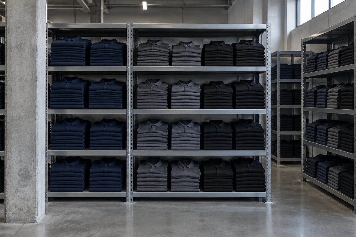 ชั้นวางเสื้อโปโลพนักงานโรงงานสีกรมท่า เทา และดำ พับเรียงตามไซซ์ในห้องสต๊อก
