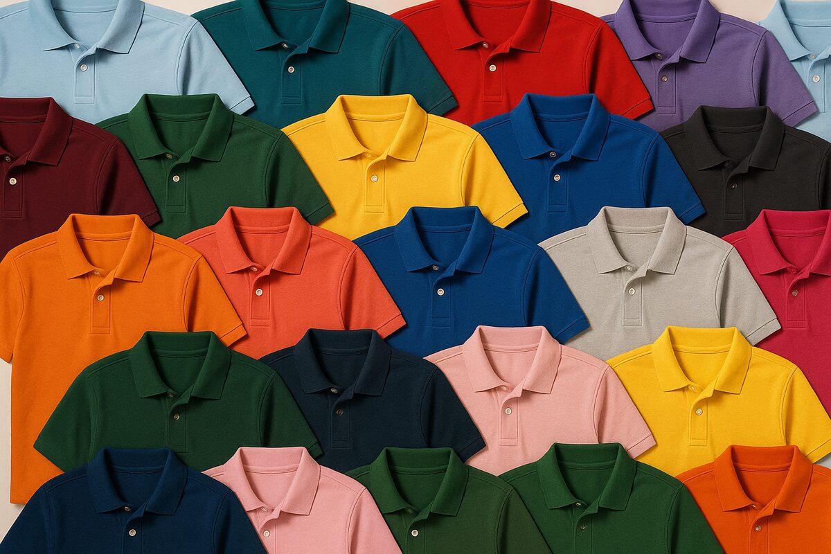 เสื้อคอปกและเสื้อโปโลหลายสีวางเรียงเต็มเฟรม