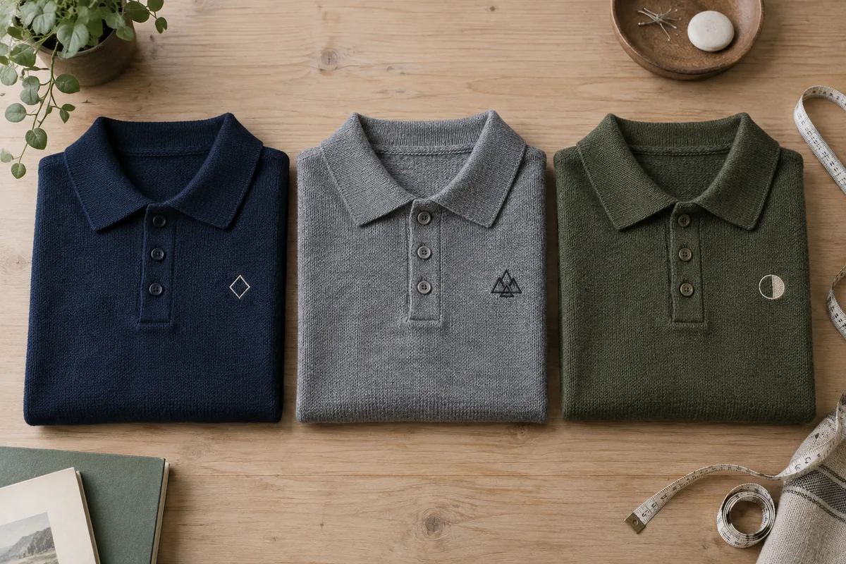 เสื้อโปโลสีกรมท่า เทา และเขียวขี้ม้า พับเรียงบนโต๊ะไม้ แต่ละตัวมีลายปักเล็ก ๆ ที่อกซ้าย