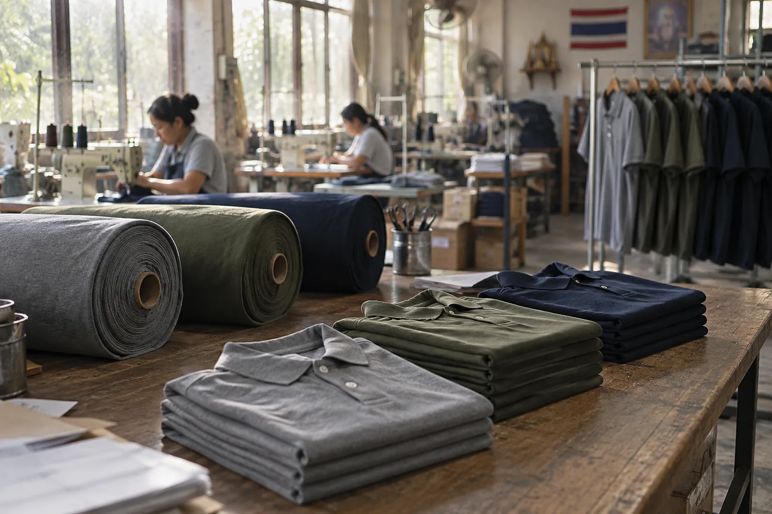 โต๊ะตัดผ้าในโรงงานตัดเย็บ มีเสื้อโปโลสีเทา เขียวขี้ม้า และกรมท่าพับวางเรียง พร้อมม้วนผ้าและช่างเย็บทำงานอยู่ด้านหลัง