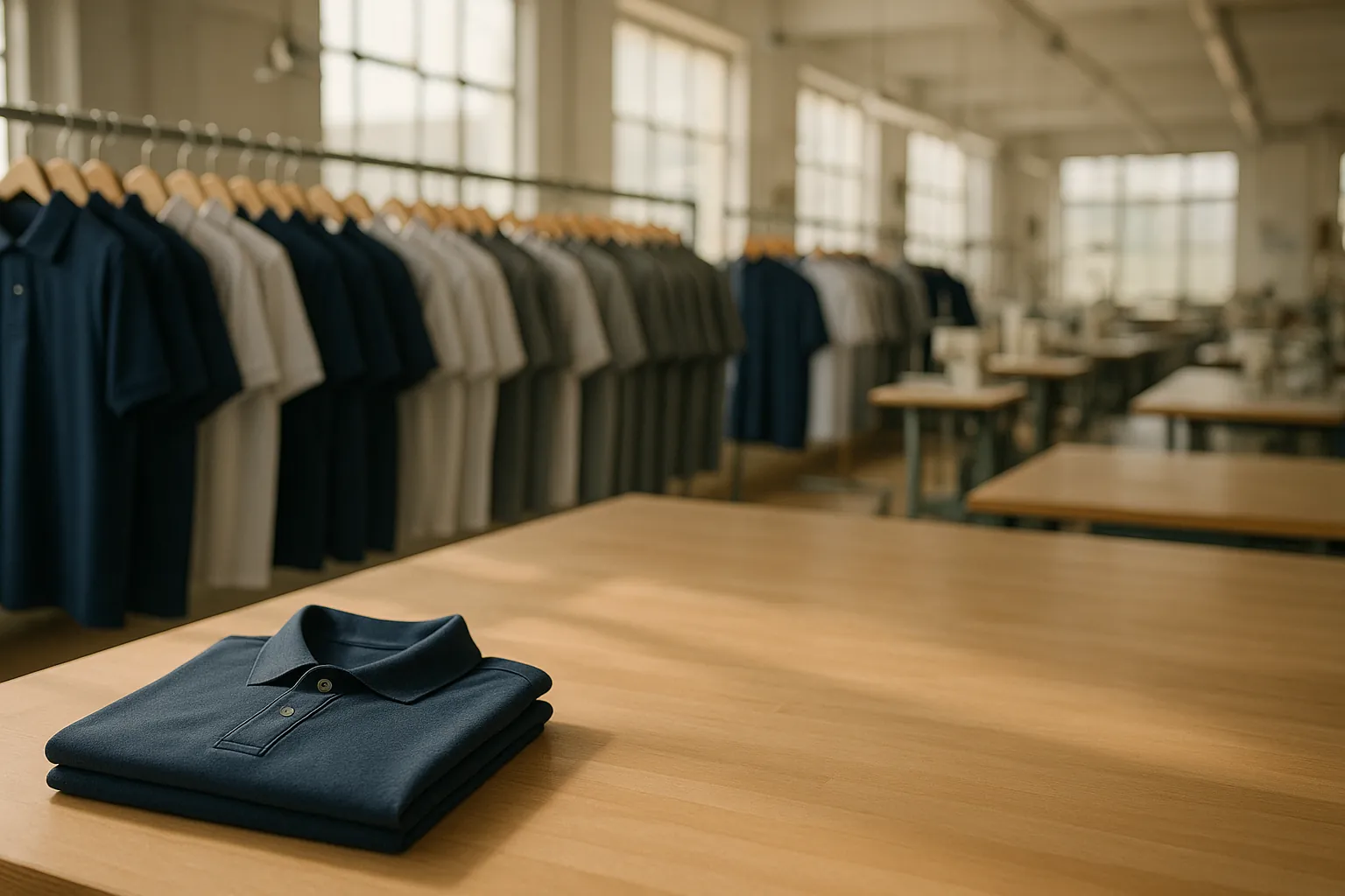 เสื้อโปโลแขวนเรียงในห้องตัดเย็บที่มีแสงธรรมชาติ