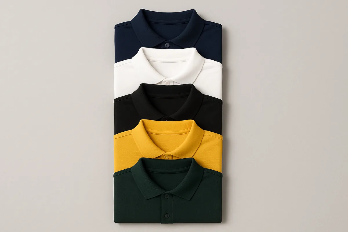 เสื้อโปโลหลายสีพับเรียงกันบนพื้นสีเทาอ่อน