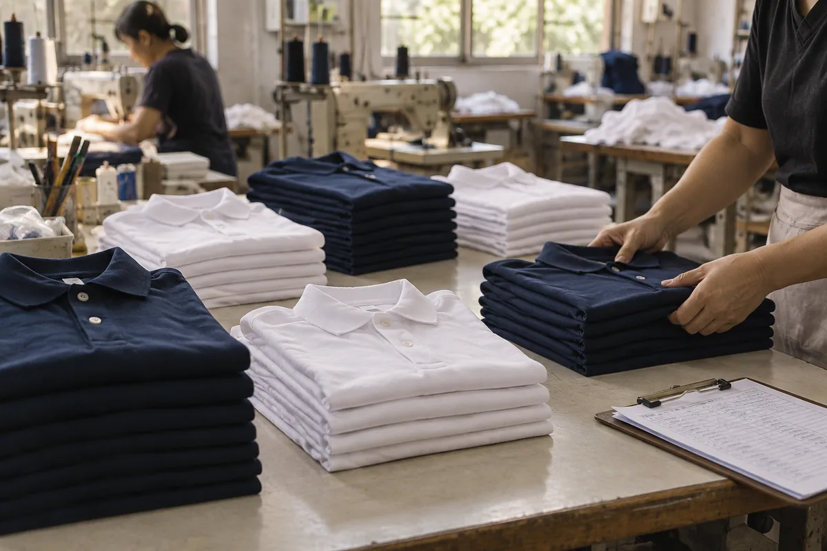 เสื้อโปโลพับเรียงเป็นกองแยกไซซ์บนโต๊ะในโรงงาน พร้อมคลิปบอร์ดรายชื่อ