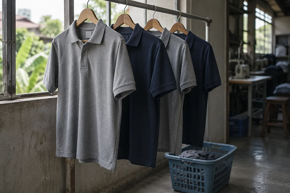 เสื้อโปโลสีเทาและสีกรมท่าแขวนบนราวตากในร่มริมหน้าต่างโรงตัดเย็บ มีตะกร้าผ้าวางอยู่ที่พื้น
