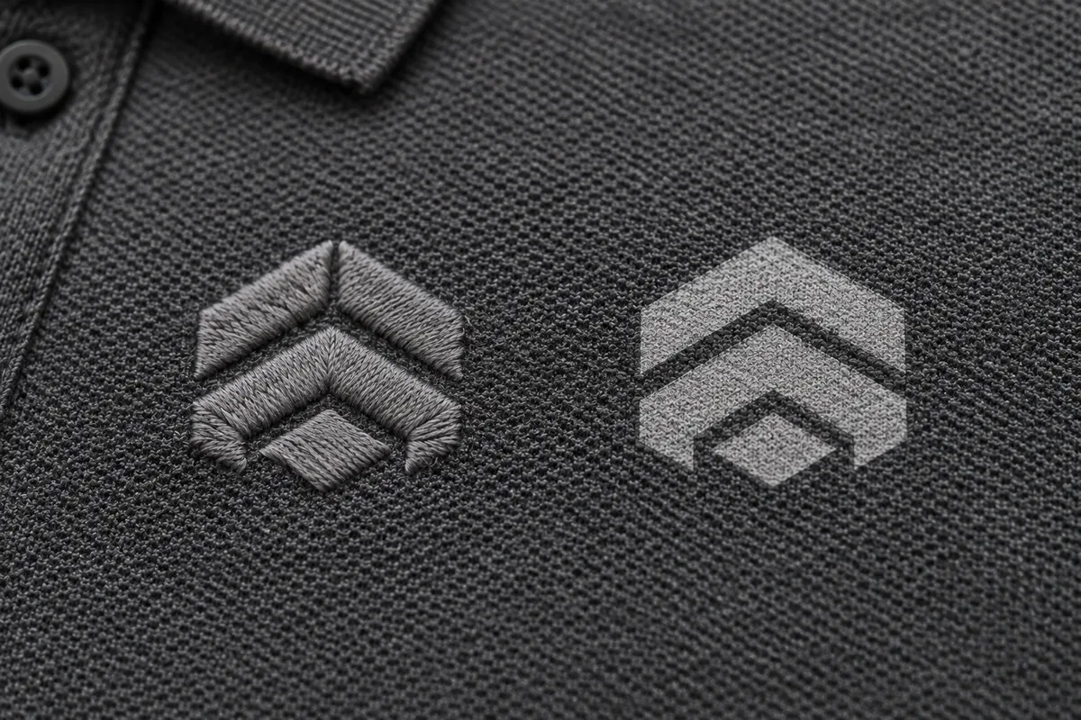 เปรียบเทียบระยะใกล้บนอกเสื้อโปโลสีเทา ด้านซ้ายเป็นงานปักที่เห็นเส้นด้ายนูน ด้านขวาเป็นงานสกรีนที่ผิวเรียบไปกับเนื้อผ้า