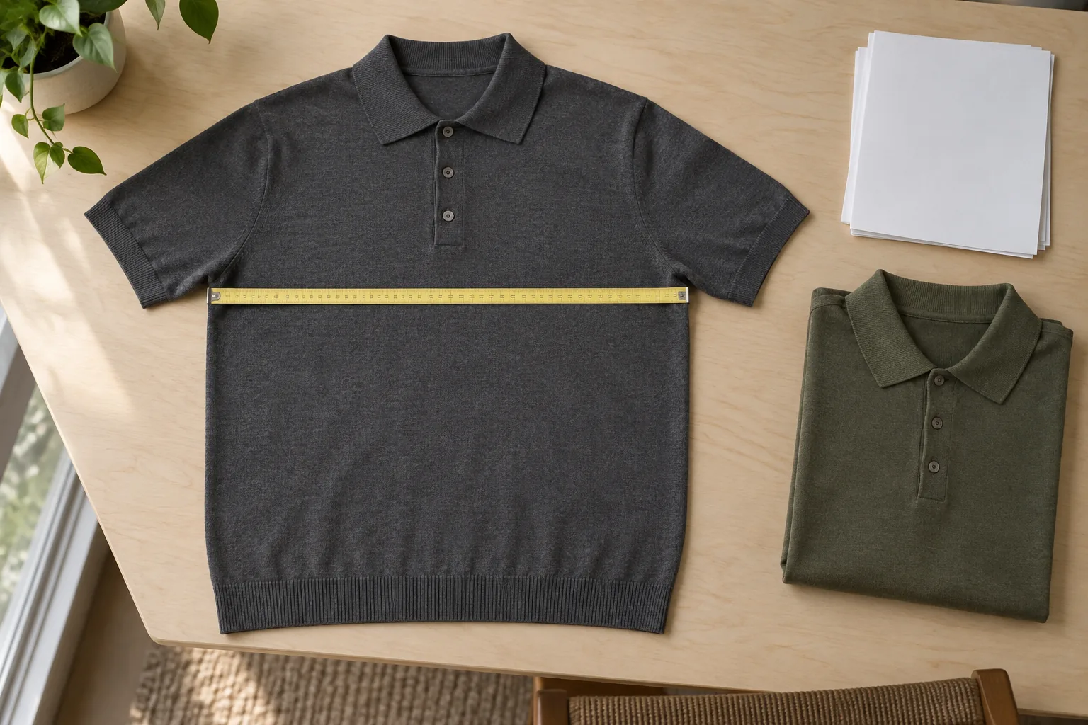 เสื้อโปโลสีเทาเข้มวางราบบนโต๊ะไม้ มีสายวัดพาดตรงจากใต้วงแขนข้างหนึ่งไปอีกข้าง และมีเสื้อโปโลสีเขียวขี้ม้าพับวางข้าง ๆ