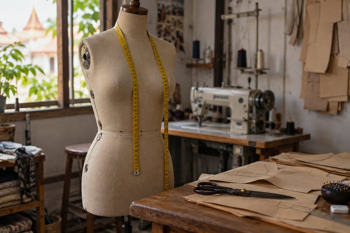 หุ่นลองเสื้อทรงผู้หญิงในโรงตัดเย็บ มีสายวัดคล้องรอบอก แพทเทิร์นกระดาษและกรรไกรวางอยู่บนโต๊ะไม้