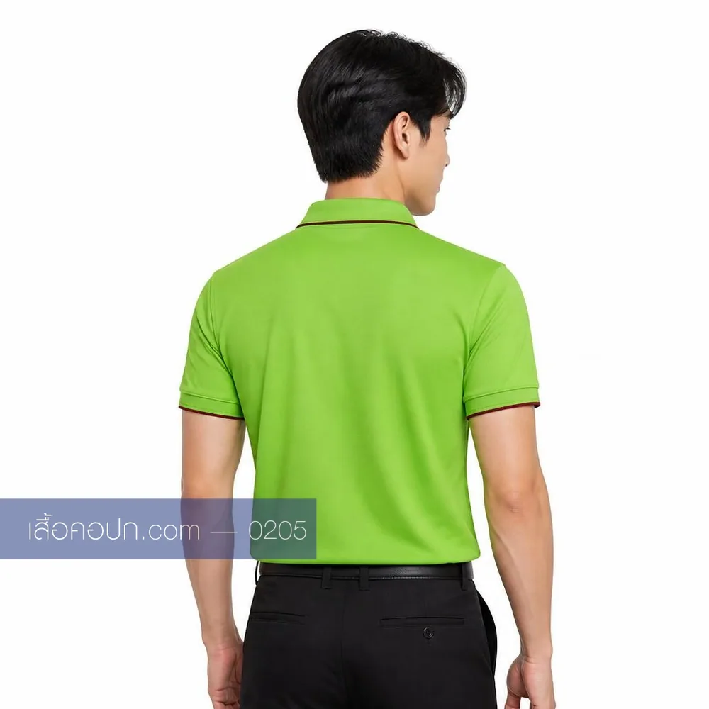 เสื้อโปโลเขียวมะนาว ปกในตัว ขลิบเขียวเข้ม ด้านหลัง