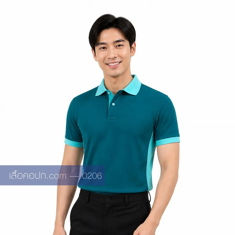 เสื้อโปโลเขียวน้ำทะเลเข้ม ปกฟ้าอ่อน ต่อปลายแขนฟ้า ด้านหน้า