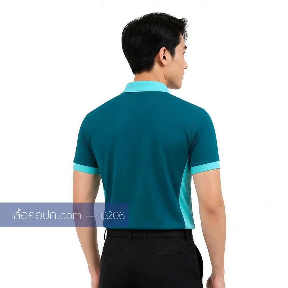 เสื้อโปโลเขียวน้ำทะเลเข้ม ปกฟ้าอ่อน ต่อปลายแขนฟ้า ด้านหลัง