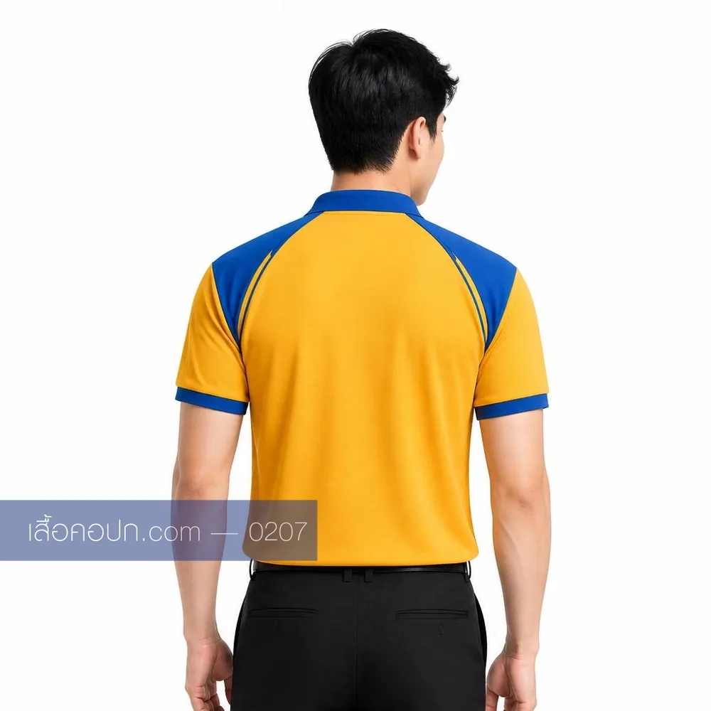เสื้อโปโลเหลืองสด ปกน้ำเงิน ต่อบ่าน้ำเงิน ด้านหลัง