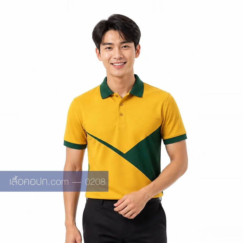 เสื้อโปโลเหลืองสด ปกเขียวเข้ม คาดเขียวทแยงบ่า ด้านหน้า
