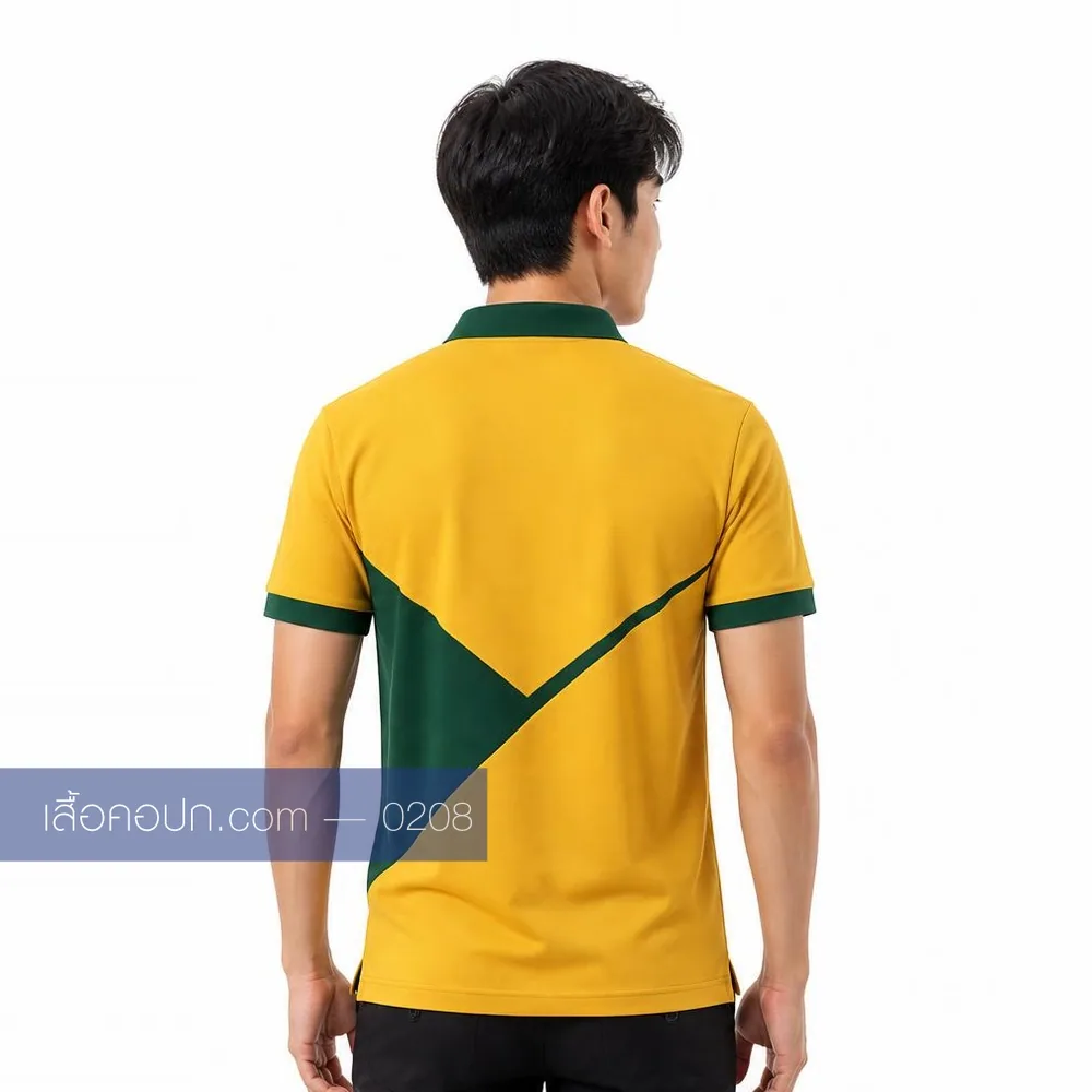 เสื้อโปโลเหลืองสด ปกเขียวเข้ม คาดเขียวทแยงบ่า ด้านหลัง