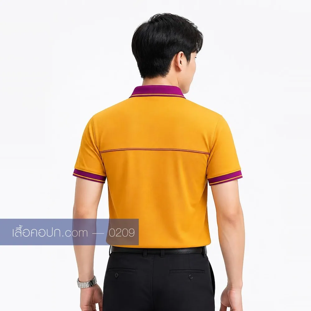 เสื้อโปโลเหลืองทอง ปกม่วง ขลิบแขนม่วง ด้านหลัง