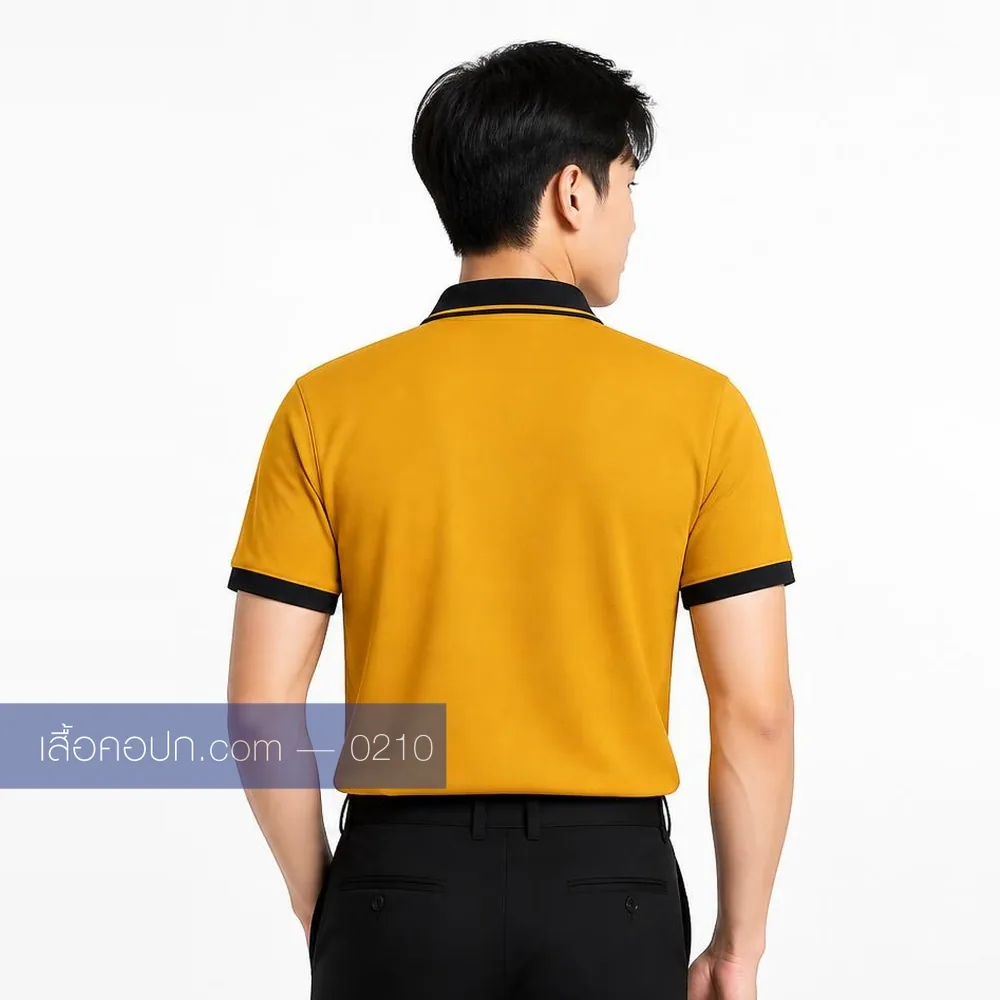 เสื้อโปโลเหลืองทอง ปกดำ ต่อปลายแขนดำ ทรงชาย ด้านหลัง