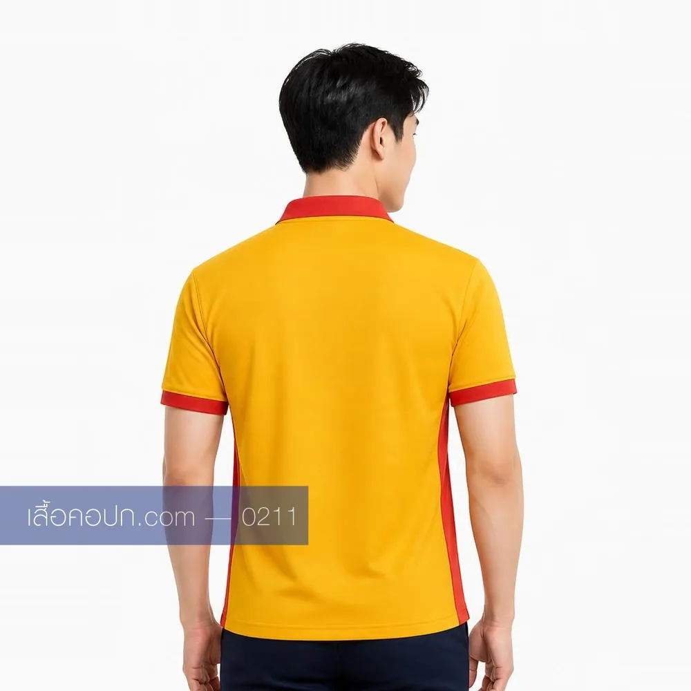 เสื้อโปโลเหลืองสด ปกแดง ต่อข้างแดง ทรงชาย ด้านหลัง