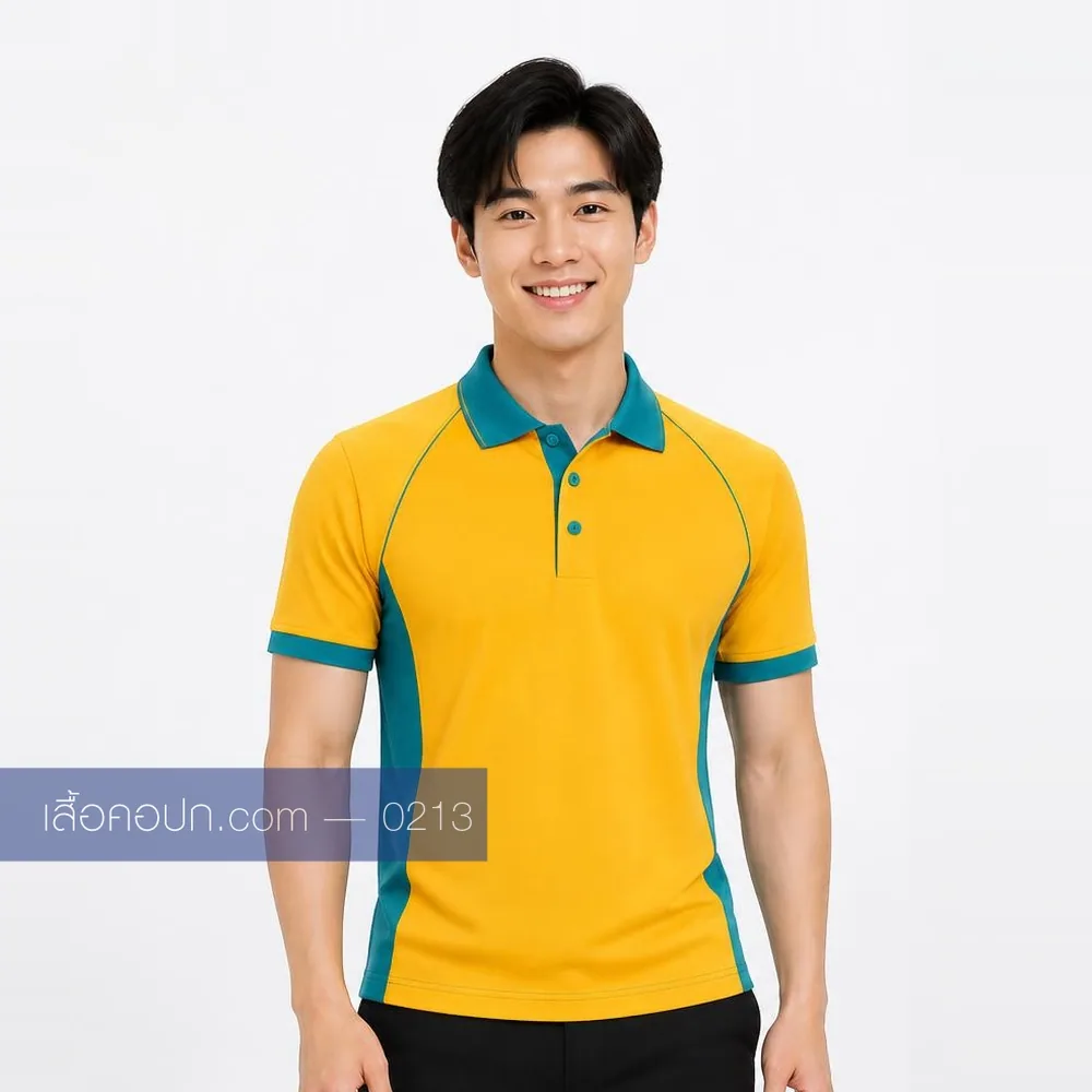 เสื้อโปโลเหลืองสด ปกเขียวน้ำทะเล ต่อข้างเขียวน้ำทะเล ด้านหน้า