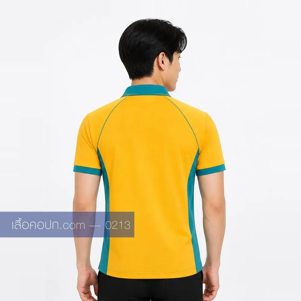 เสื้อโปโลเหลืองสด ปกเขียวน้ำทะเล ต่อข้างเขียวน้ำทะเล ด้านหลัง