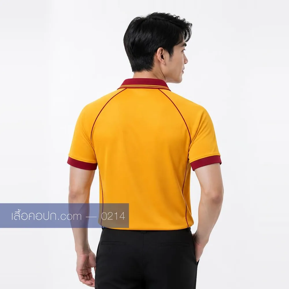 เสื้อโปโลเหลืองทอง ปกเลือดหมู ขลิบเลือดหมู ด้านหลัง
