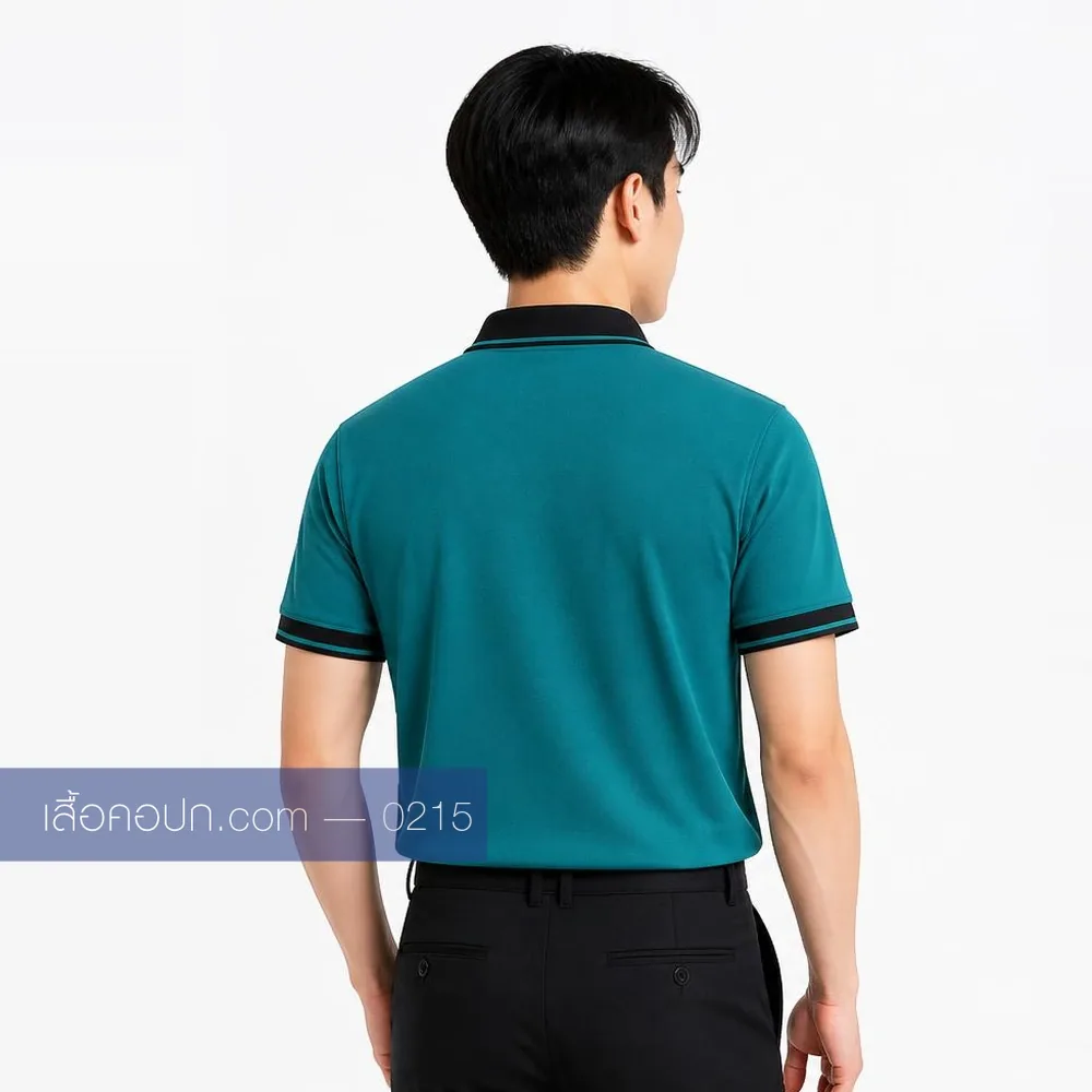 เสื้อโปโลเขียวน้ำทะเล ปกดำ ขลิบแขนดำ ด้านหลัง