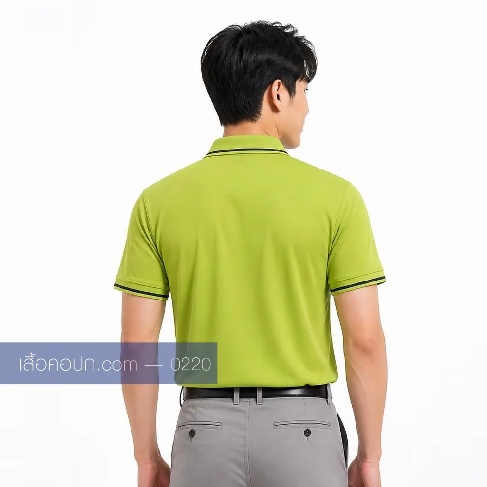 เสื้อโปโลเขียวมะนาว ปกขลิบขาวดำ ทรงชาย ด้านหลัง