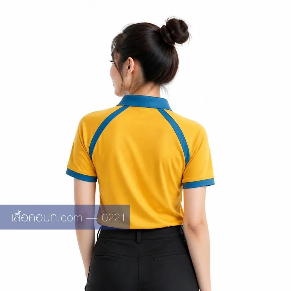 เสื้อโปโลเหลืองสด ปกน้ำเงิน ขลิบบ่าน้ำเงิน ด้านหลัง