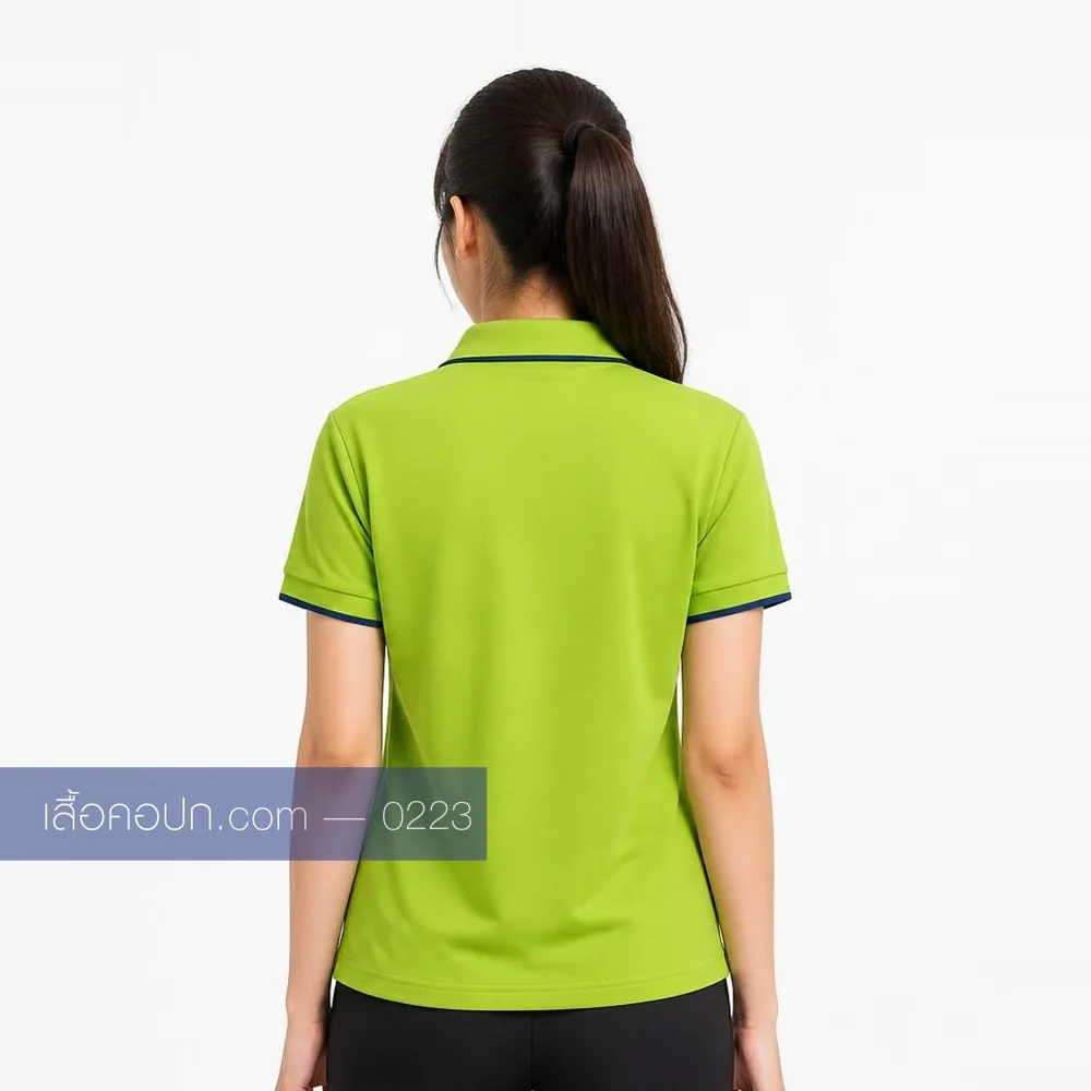 เสื้อโปโลเขียวมะนาว ปกในตัว สาบน้ำเงินเข้ม ด้านหลัง