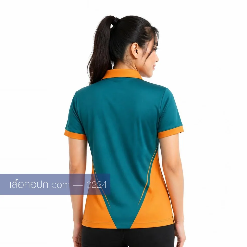 เสื้อโปโลเขียวน้ำทะเลเข้ม ปกส้ม คาดส้มทแยงชายเสื้อ ด้านหลัง
