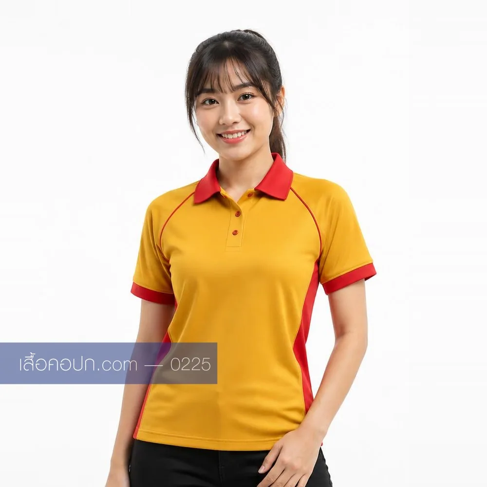 เสื้อโปโลเหลืองทอง ปกแดง ต่อข้างแดง ด้านหน้า