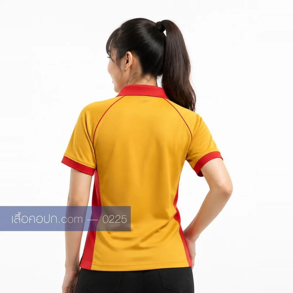 เสื้อโปโลเหลืองทอง ปกแดง ต่อข้างแดง ด้านหลัง