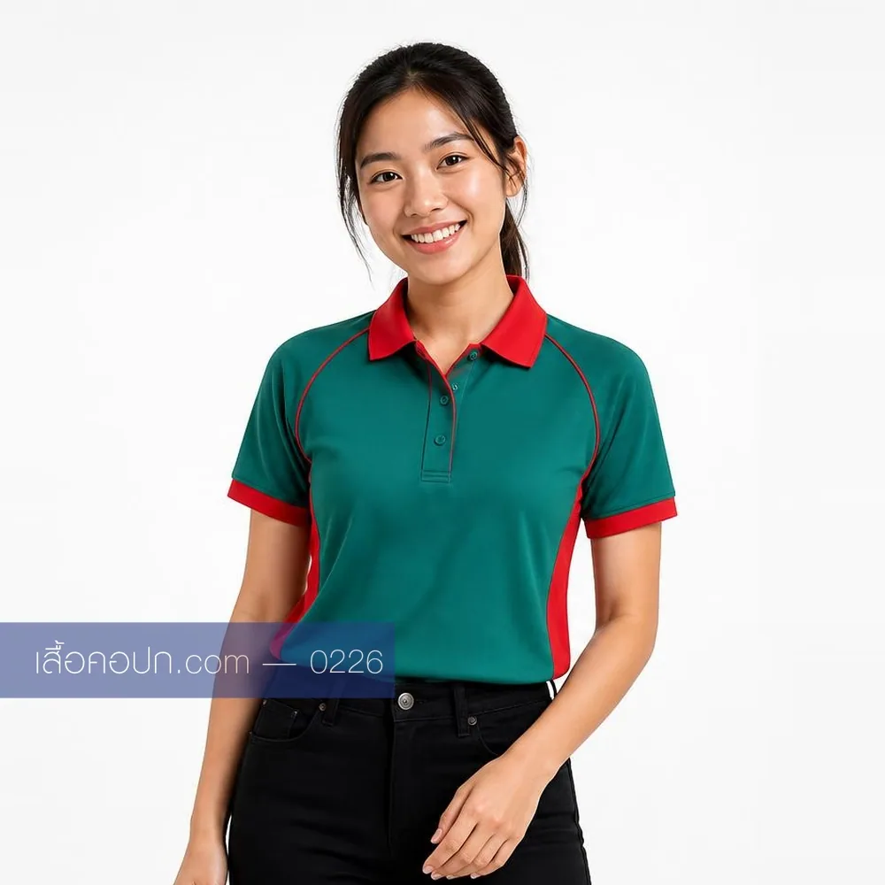 เสื้อโปโลเขียวมรกต ปกแดง ต่อข้างแดง ด้านหน้า