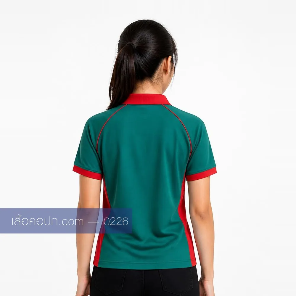 เสื้อโปโลเขียวมรกต ปกแดง ต่อข้างแดง ด้านหลัง