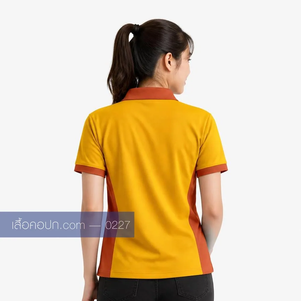 เสื้อโปโลเหลืองทอง ปกส้มอิฐ ขลิบแขนส้ม ด้านหลัง