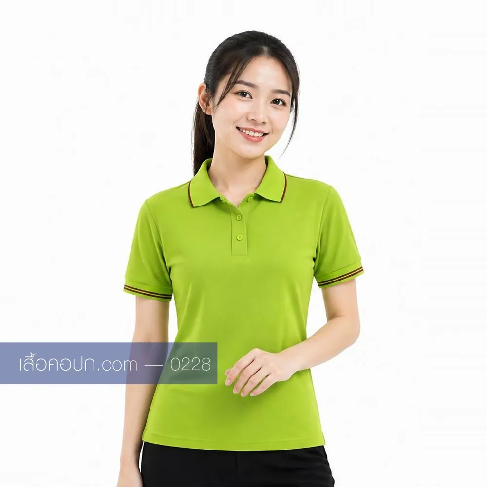 เสื้อโปโลเขียวมะนาว ปกขลิบแดง ทรงหญิง ด้านหน้า