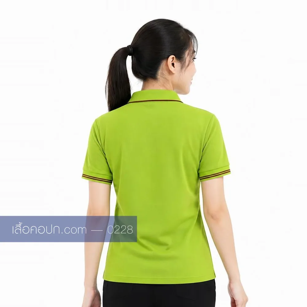 เสื้อโปโลเขียวมะนาว ปกขลิบแดง ทรงหญิง ด้านหลัง