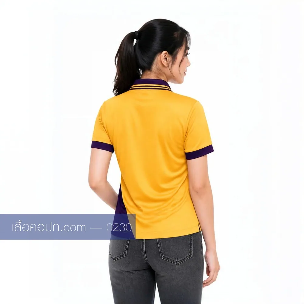 เสื้อโปโลเหลืองสด ปกม่วง คาดม่วงทแยง ด้านหลัง