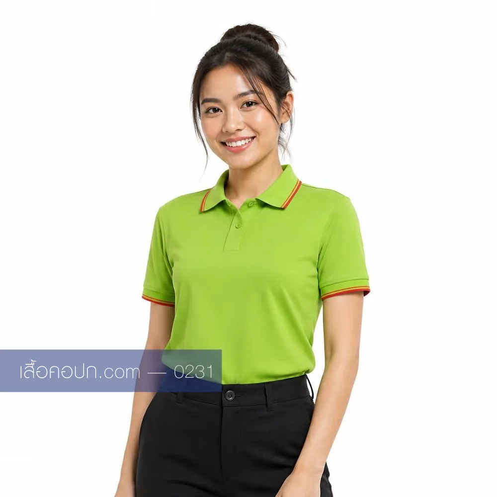 เสื้อโปโลเขียวมะนาว ปกขลิบส้มแดง ด้านหน้า