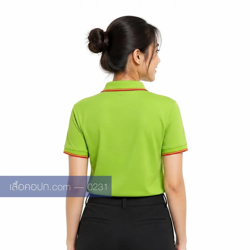 เสื้อโปโลเขียวมะนาว ปกขลิบส้มแดง ด้านหลัง