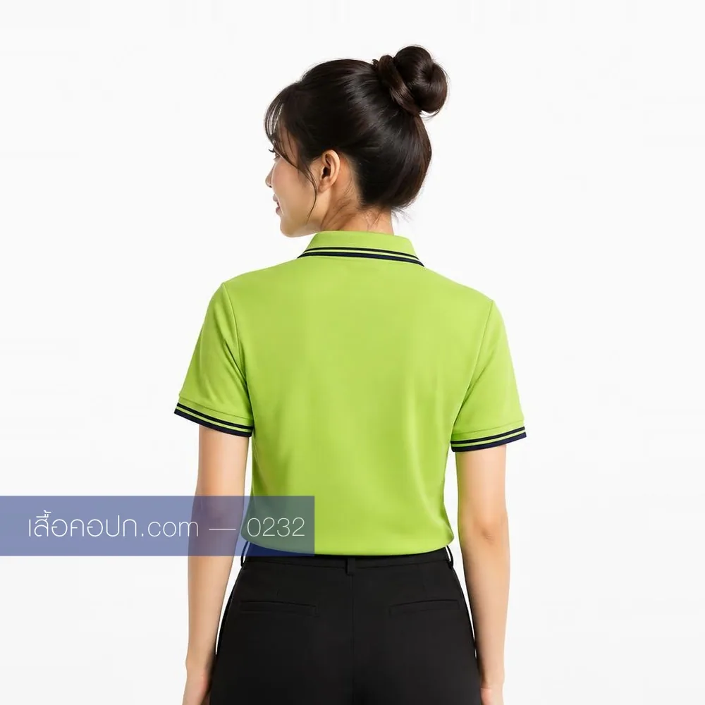 เสื้อโปโลเขียวมะนาว ปกขลิบขาวดำ ทรงหญิง ด้านหลัง
