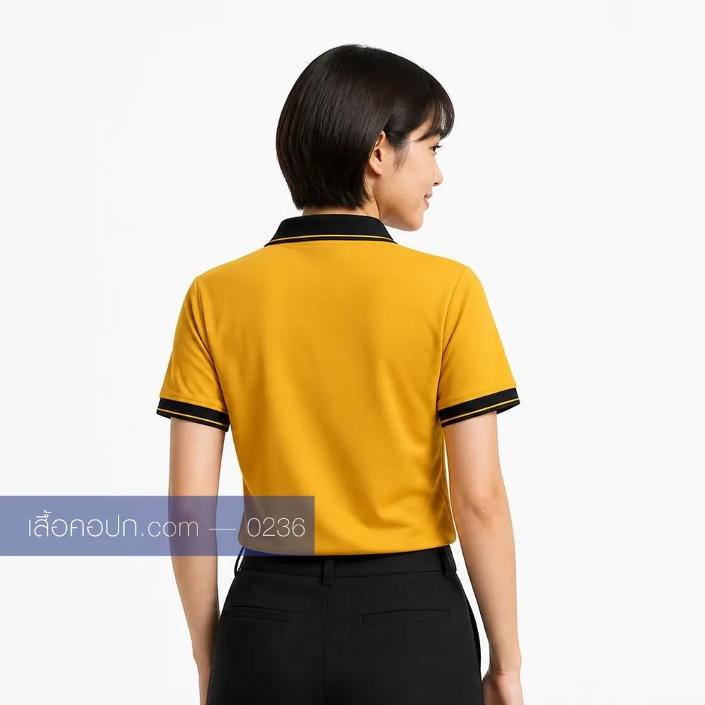 เสื้อโปโลเหลืองสด ปกดำ ขลิบเหลือง ด้านหลัง