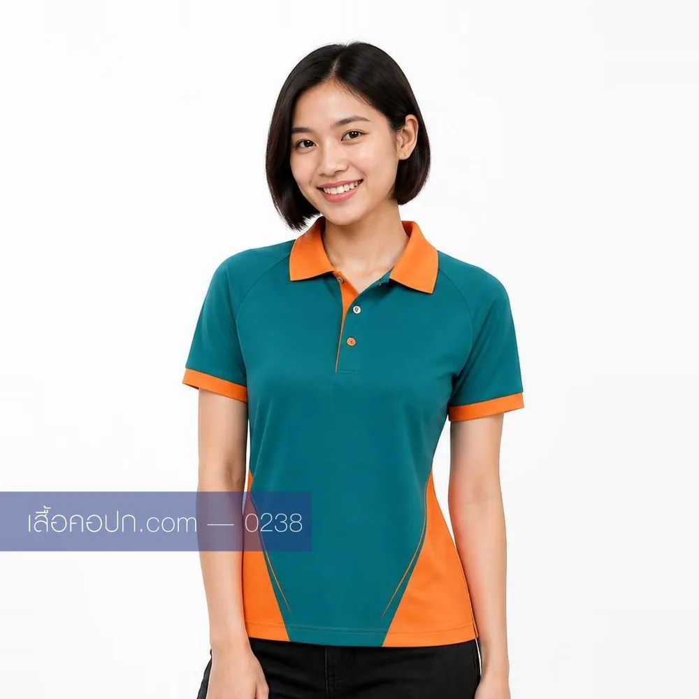 เสื้อโปโลเขียวน้ำทะเลเข้ม ปกส้ม ต่อข้างส้ม ด้านหน้า